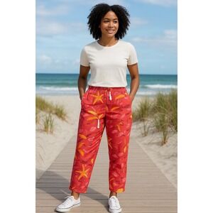 Sportelle Pants Womens Size L Pink Beach Print Cotton Capri Crop Beachy Vacation